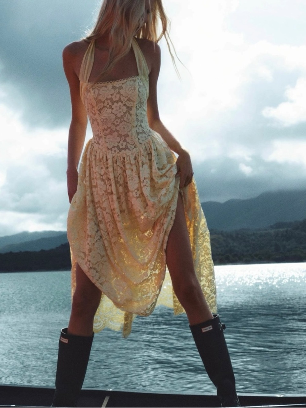 Free People For Love & Lemons Lakeside Lace Midi Dress in Yellow Size XL NWT